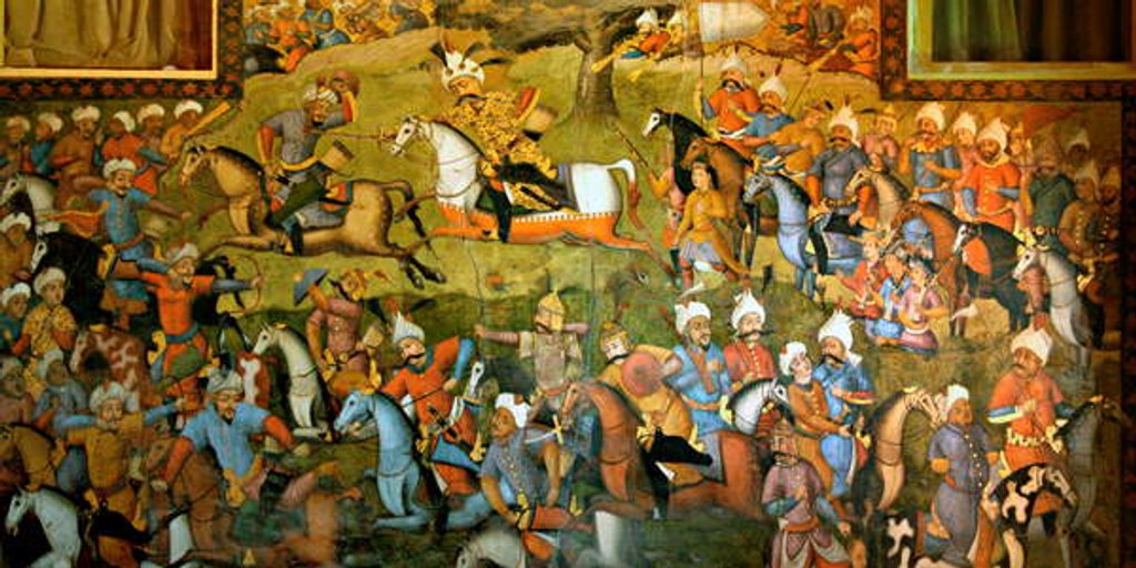Detail of Battle of Taher-Abad or Battle of Merv with victory of Shah Ismail I over Muhammad Shaybani Khan, Reception Hall, Chehel Sotun, 1647 by Persian School