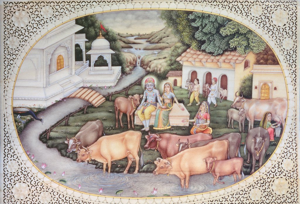 Detail of Miniature of Krishna a milkmaid seated in a field with cattle by School Indian
