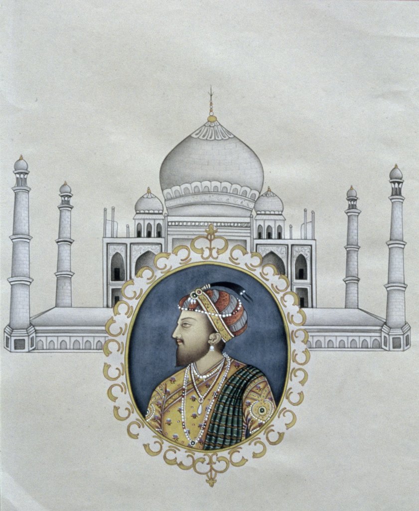 Detail of Portrait of Shah Jahan and the Taj Mahal which he built to house the tomb of his wife by School Indian