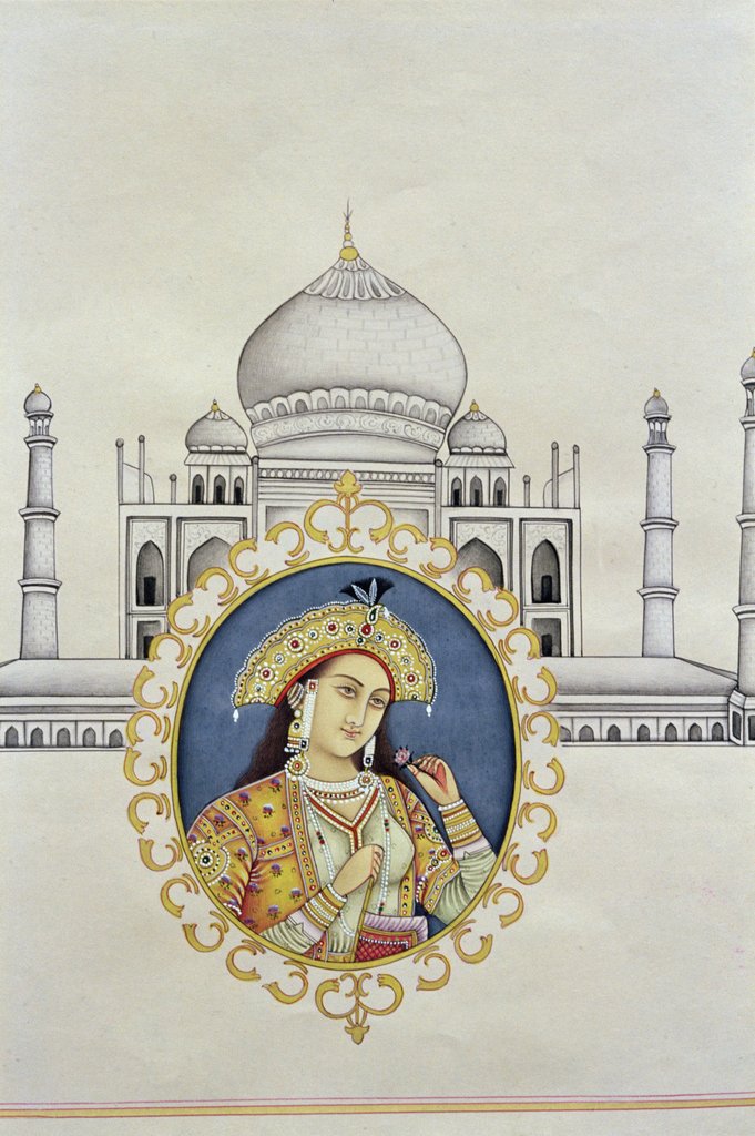 Detail of Portrait of Arjumand Banu Begum Mumtaz-i Mahal and the Taj Mahal, built to house her tomb by her husband Shah Jahan by School Indian