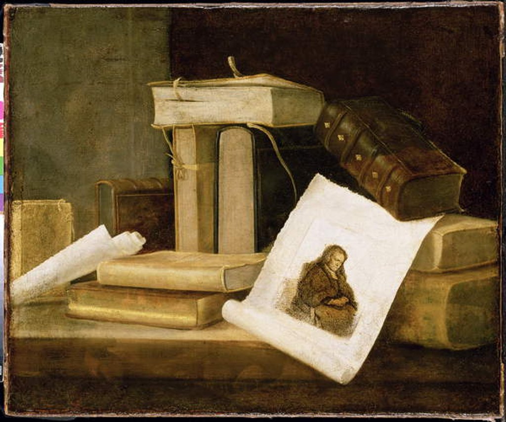 Detail of Still Life of Books and a Rembrandt Engraving by Sebastian Stoskopff