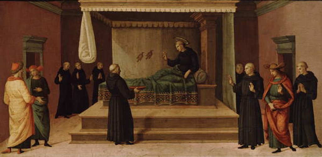 Detail of St. Nicholas of Tolentino restoring two partridges to life, c.1500-30 by Pietro Perugino