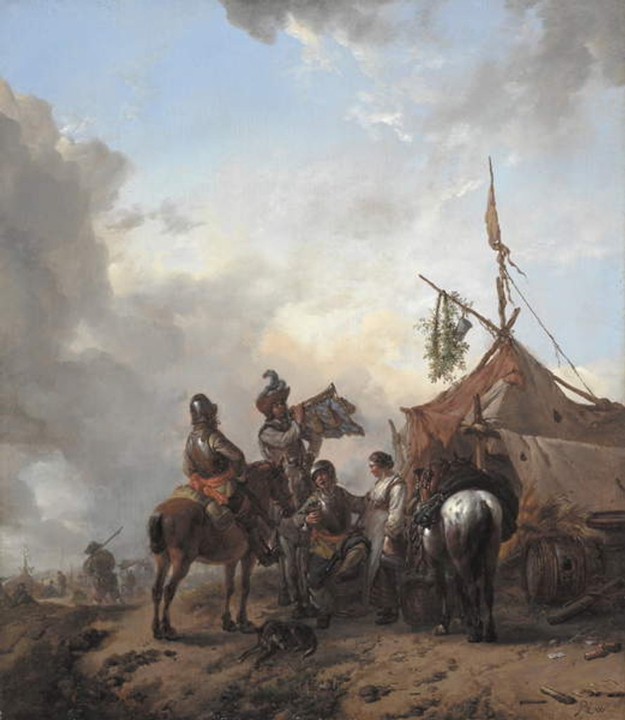 Detail of Soldiers carousing with a serving woman outside a tent, c.1655 by Philips Wouwermans or Wouwerman