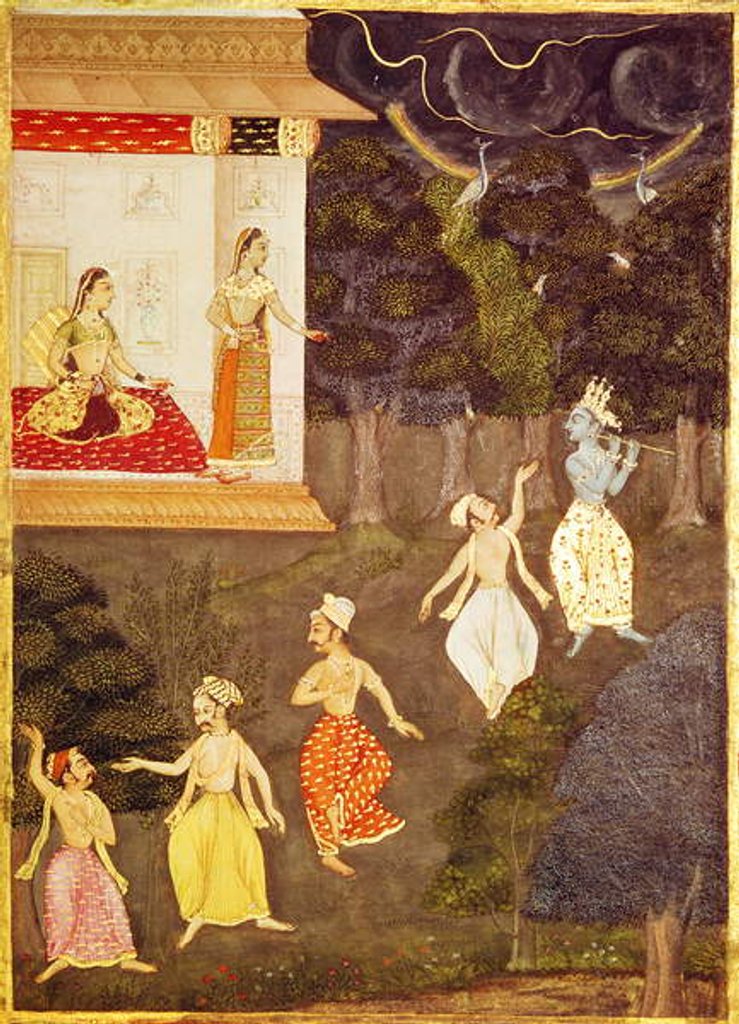 Detail of Krishna playing the flute followed by four dancers, Rajasthan by Indian School