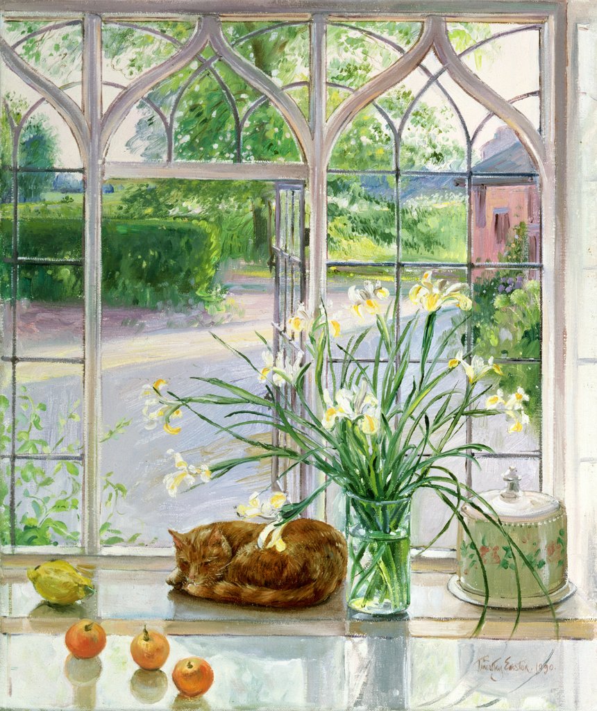 Detail of Irises and sleeping cat, 1990 by Timothy Easton