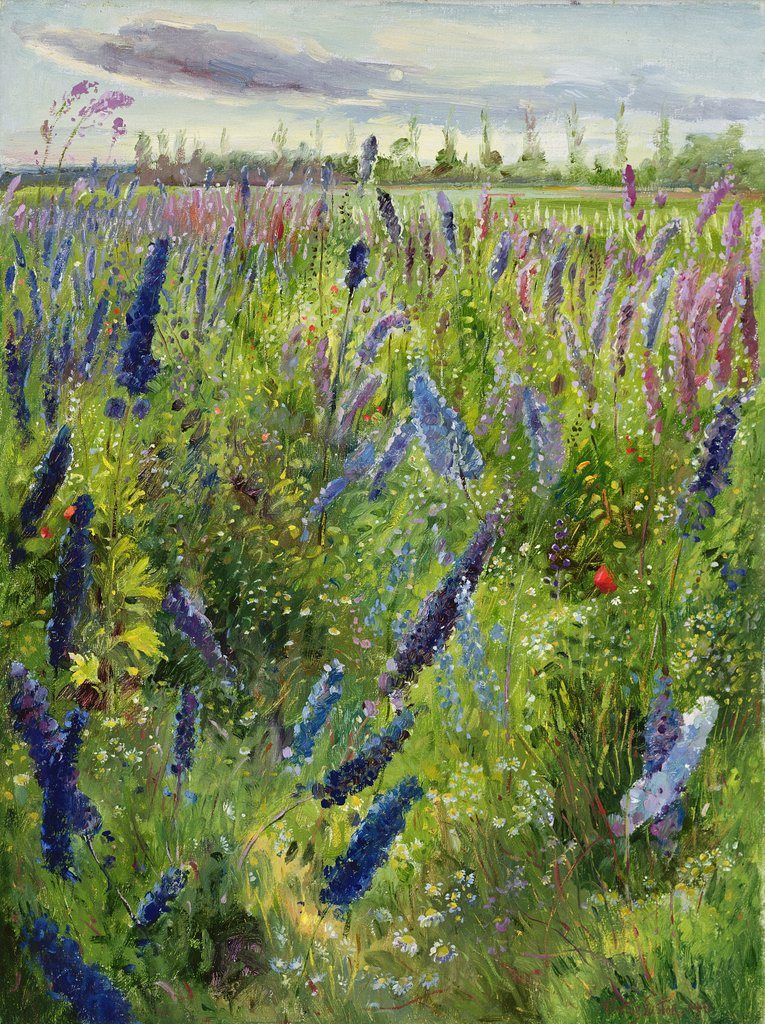 Detail of Delphiniums and Emerging Sun, 1991 by Timothy Easton