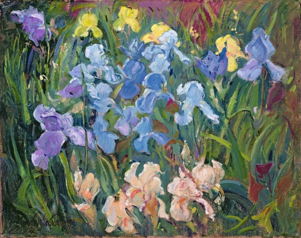 Detail of Irises: Pink, Blue and Gold, 1993 by Timothy Easton
