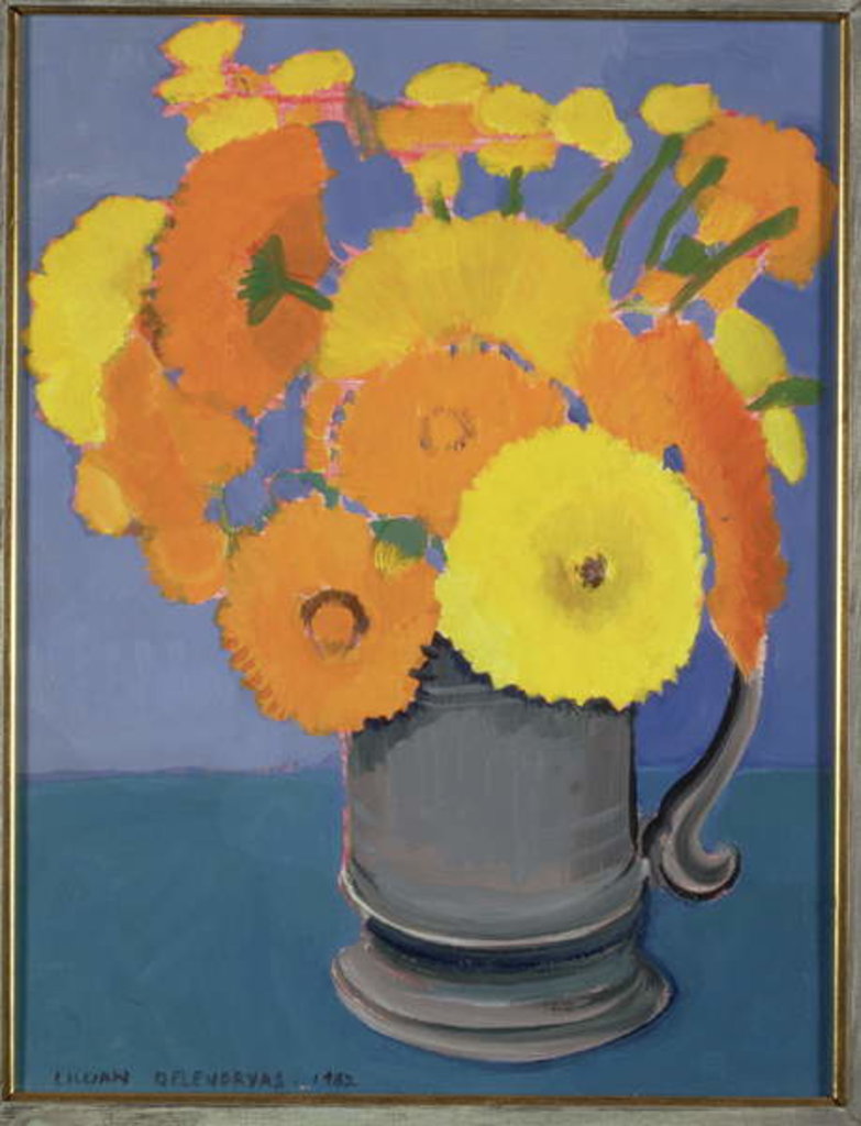 Detail of Orange Flowers in a tankard by Lillian Delevoryas