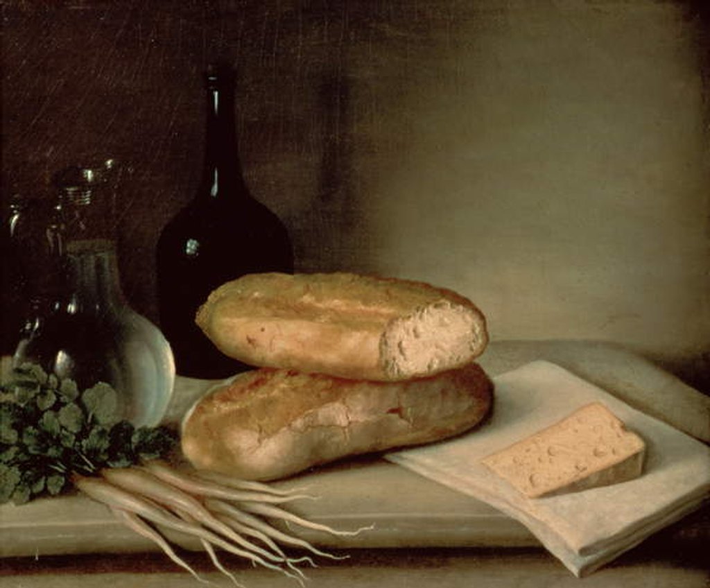 Detail of Still Life with Bread, Cheese and a Flagon of Wine by Claude Joseph Fraichot