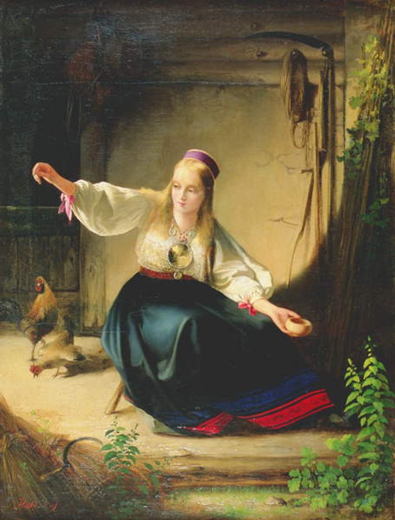Detail of A Girl Feeding Hens, 1839 by Carl Timoleon von Neff