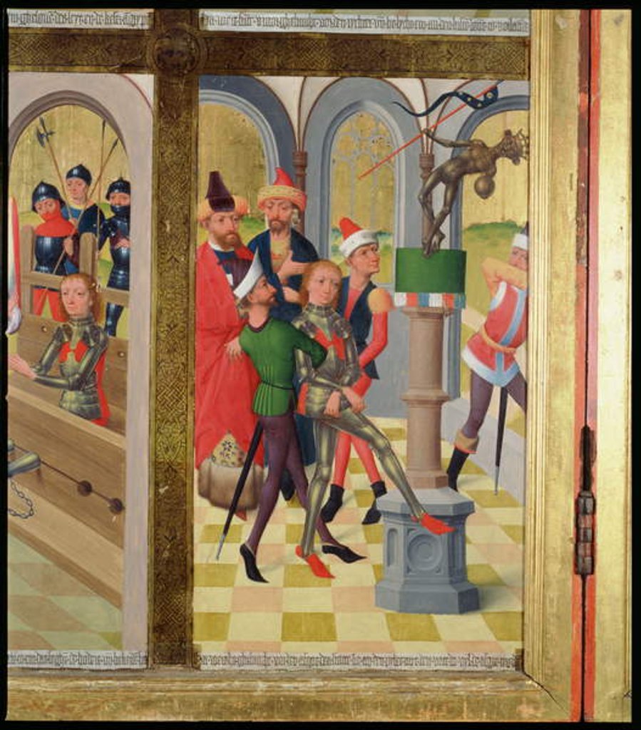 Detail of St. Victor of Marseilles knocking down the pagan idol by Hermen Rode