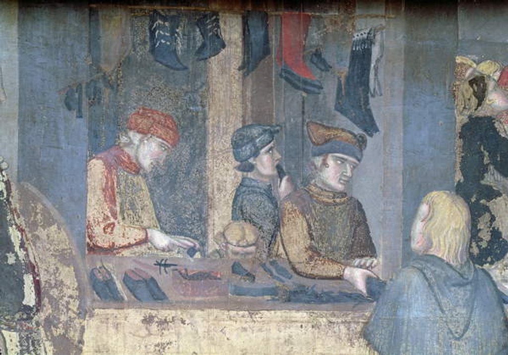 Detail of Effects of Good Government in the City, detail of a merchant and craftsmen in the shoemaker's shop, 1338-40 by Ambrogio Lorenzetti