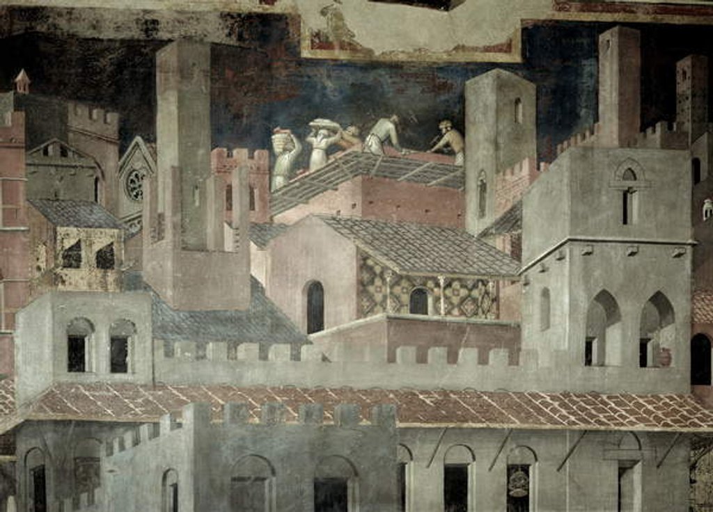 Detail of Effects of Good Government in the City, detail of architecture and construction of a house, 1338-40 by Ambrogio Lorenzetti