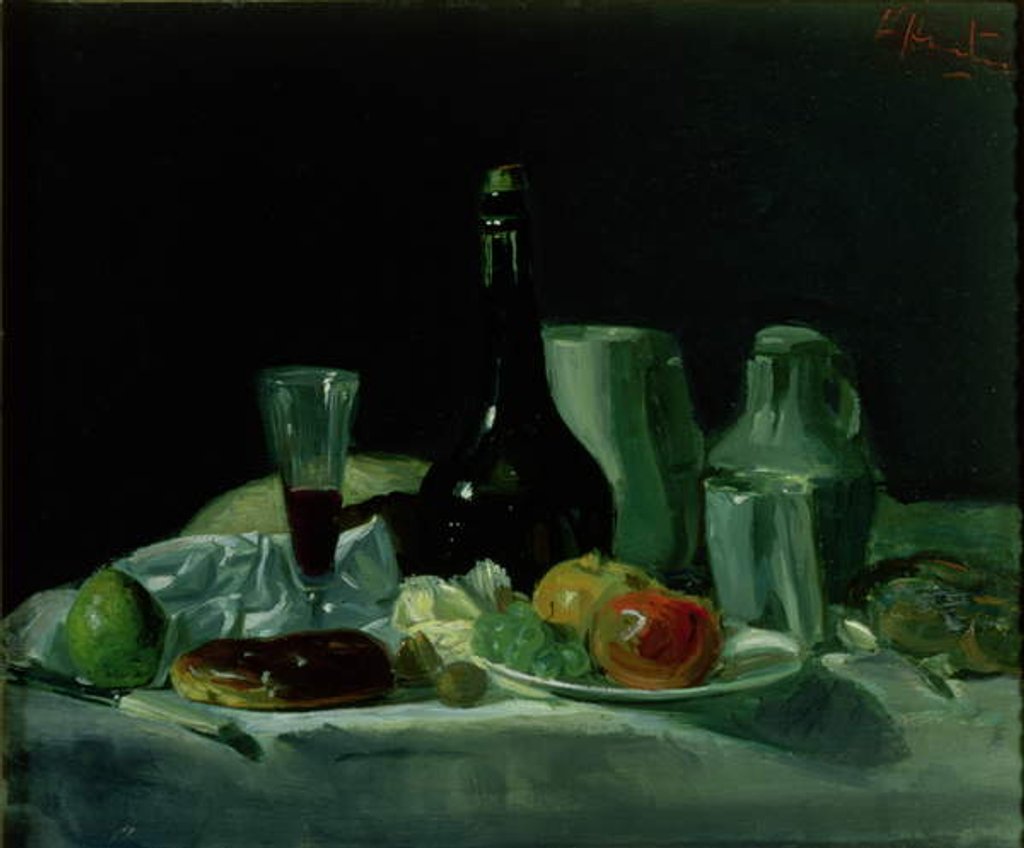 Detail of Still Life - Bottle and Fruit by George Leslie Hunter