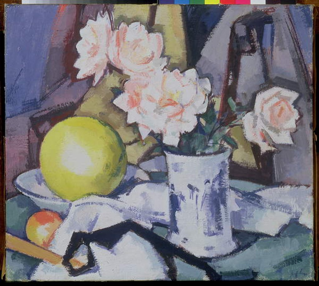 Detail of Blue and White Vase, Roses, Melon and Orange by Samuel John Peploe