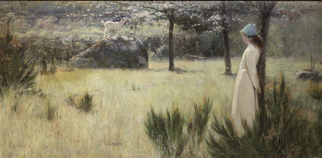 Detail of The Young Shepherdess and Her Goat in a Springtime Pasture by Edwin Sherwood Calvert
