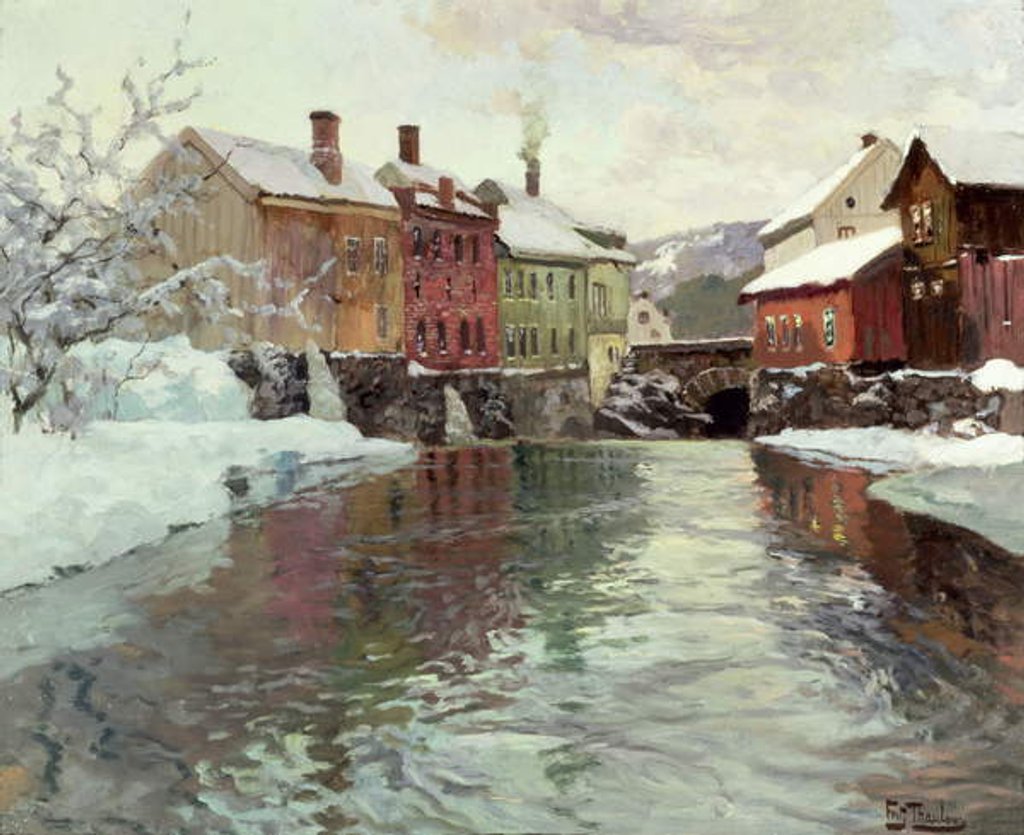 Detail of Snow-covered buildings by a river by Fritz Thaulow