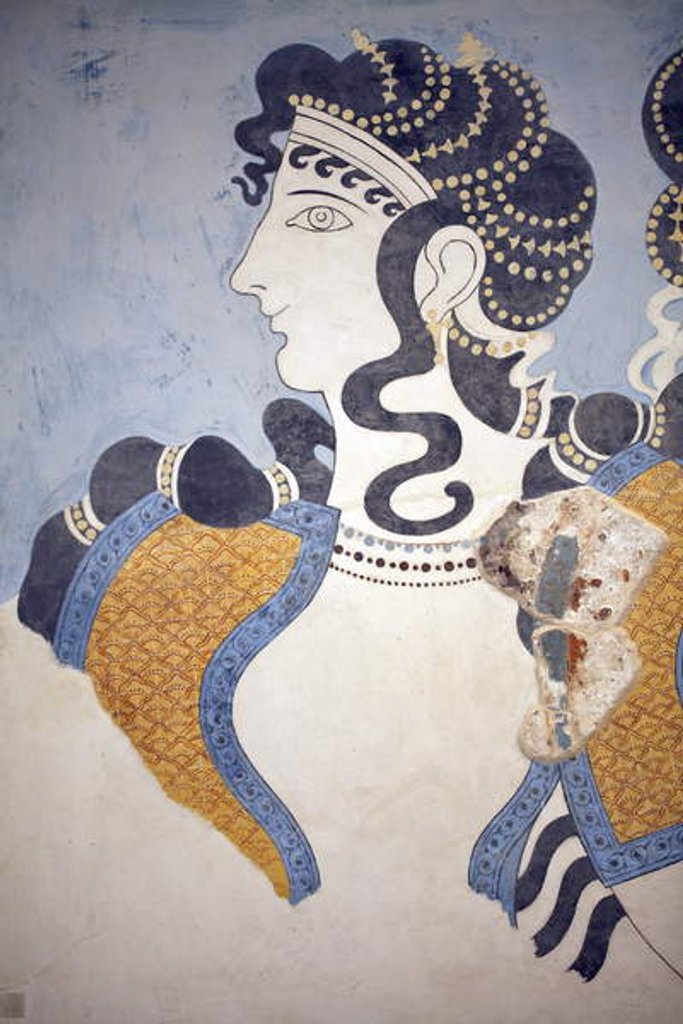 Detail of Minoan art. Details of the Ladies in blue fresco by Minoan Minoan
