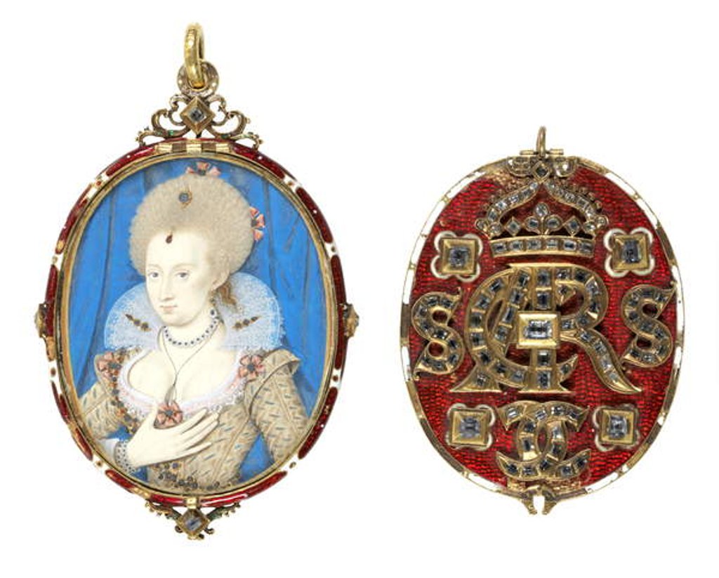 Detail of Portrait miniature of Queen Anne of Denmark with jewelled cover, c.1611 by Nicholas Hilliard