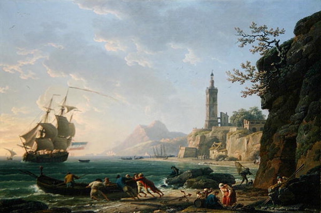 Detail of A Coastal Mediterranean Landscape with a Dutch Merchantman in a Bay, 1769 by Claude Joseph Vernet