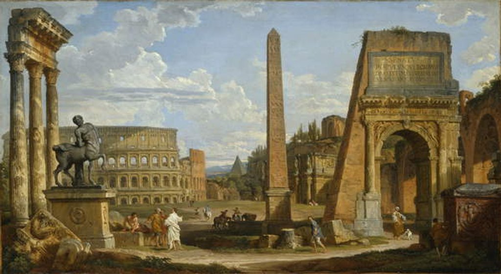 Detail of A Capriccio view of Roman ruins, 1737 by Giovanni Paolo Pannini or Panini