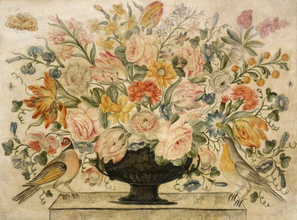 Detail of An urn containing flowers on a ledge with two birds, 1600 by Octavianus Montfort