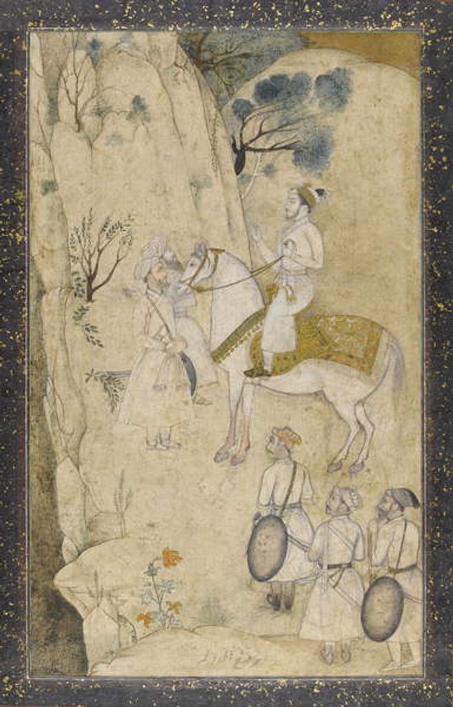 Detail of A prince on horseback, with five attendants, regarding a waterfall by School Mughal