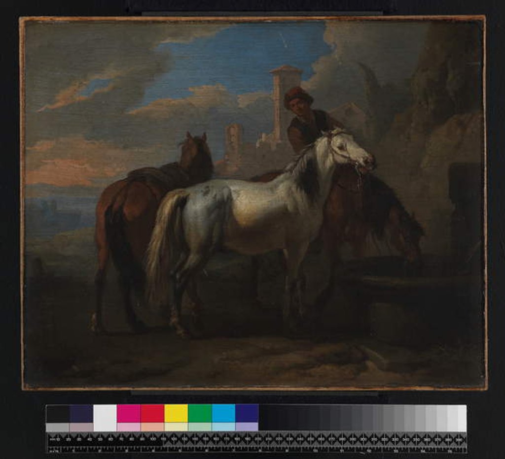 Detail of Horses drinking at a fountain, before 1720 by Pieter van Bloemen