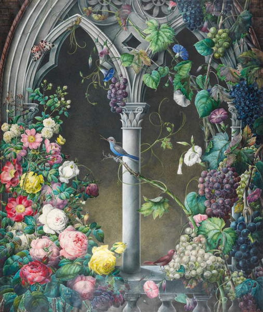 Detail of Bunches of Roses, Ipomoea and Grape-vines, Around an Arcade in a Fanciful Gothic Style, Two Birds, Species Unknown, and a Tiger Moth by Eugene Joseph Prevost