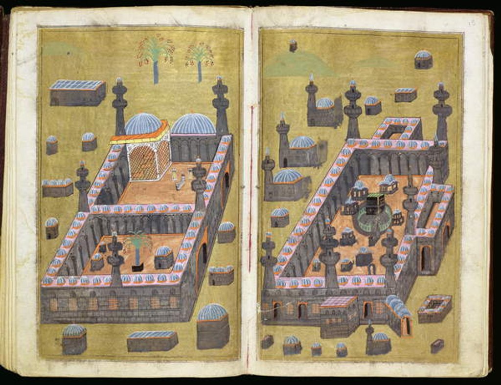 Detail of MS.343.f15v-16r The mosques at Medina & Mecca, from `Reasons for Charity', by Mustafa Al-Shukri, 1160 by Persian School