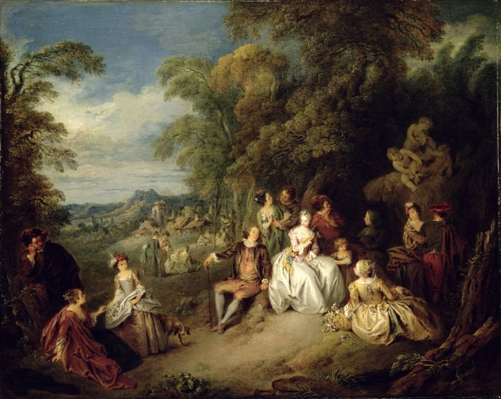 Detail of Elegant company in a park by Jean-Baptiste Joseph Pater