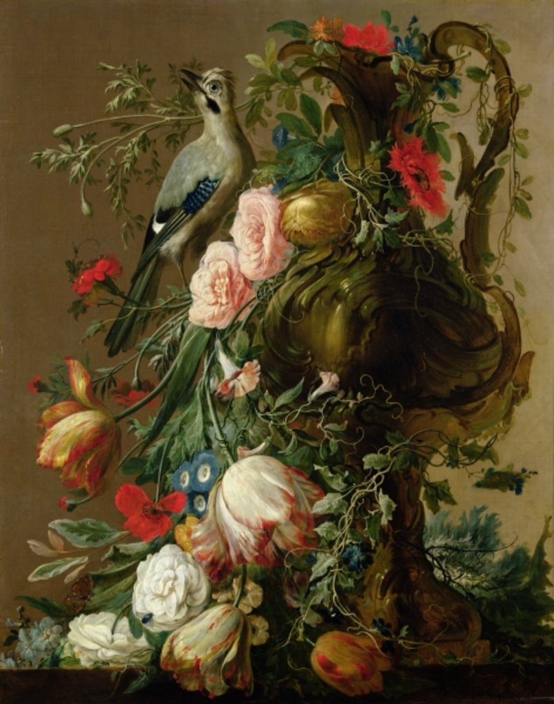 Detail of A Sculpted Stone Vase with Roses, Auricula, Poppies, Convulvulus, with a Jay on a Ledge, 1760 by Jacobes Vonck