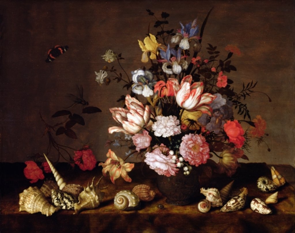 Detail of Still life of a vase of flowers with shells by Balthasar van der Ast