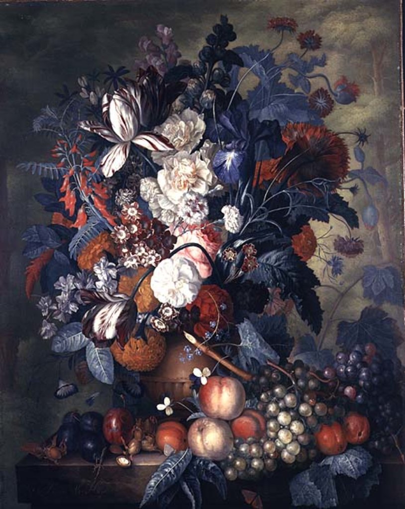 Detail of A Vase of Flowers with Fruit by Jacob van Huysum
