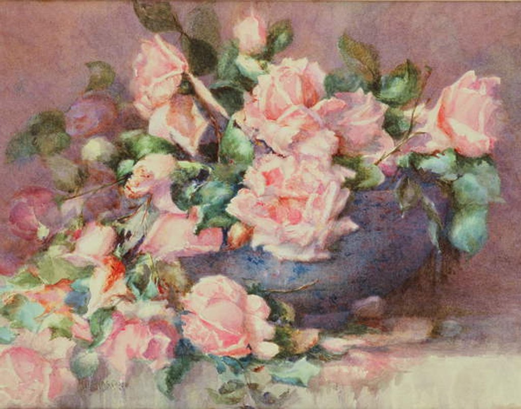 Detail of A Bowl of Pink Roses by Melicent Grose