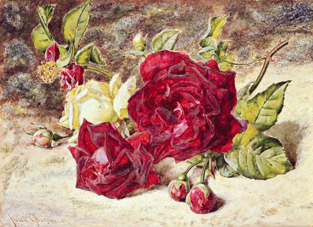 Detail of One White and Two Red Roses and Buds by Helen Cordelia Coleman Angell