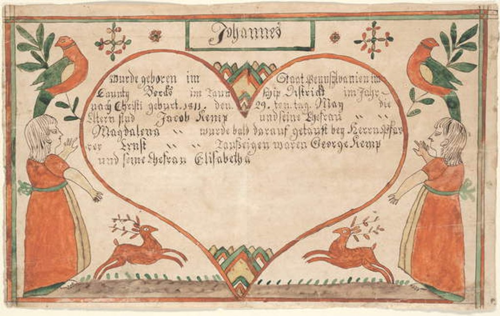 Detail of Birth and Baptismal Certificate for Johannes Kemp by Springing Deer Artist