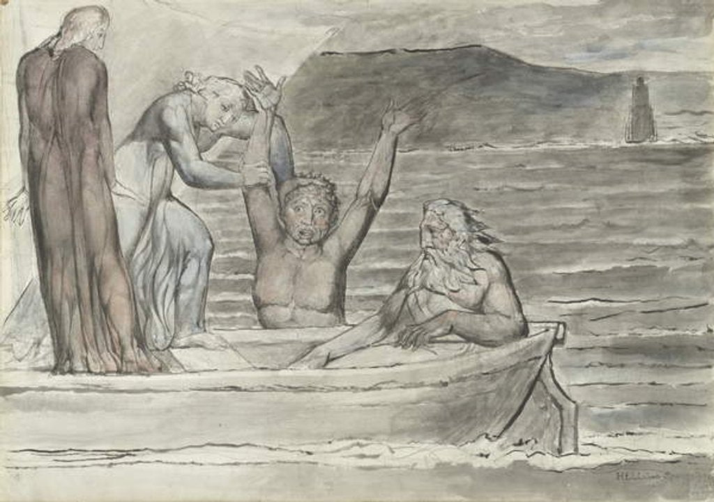 Detail of Dante and Virgil in the Skiff of Phlegyas are hailed by Filippo Argenti by William Blake