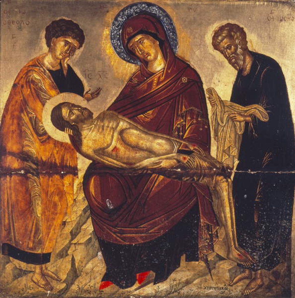 Detail of The Virgin with the Dead Christ and Saints John the Evangelist and Joseph of Arimathea, late 15th century by School Cretan