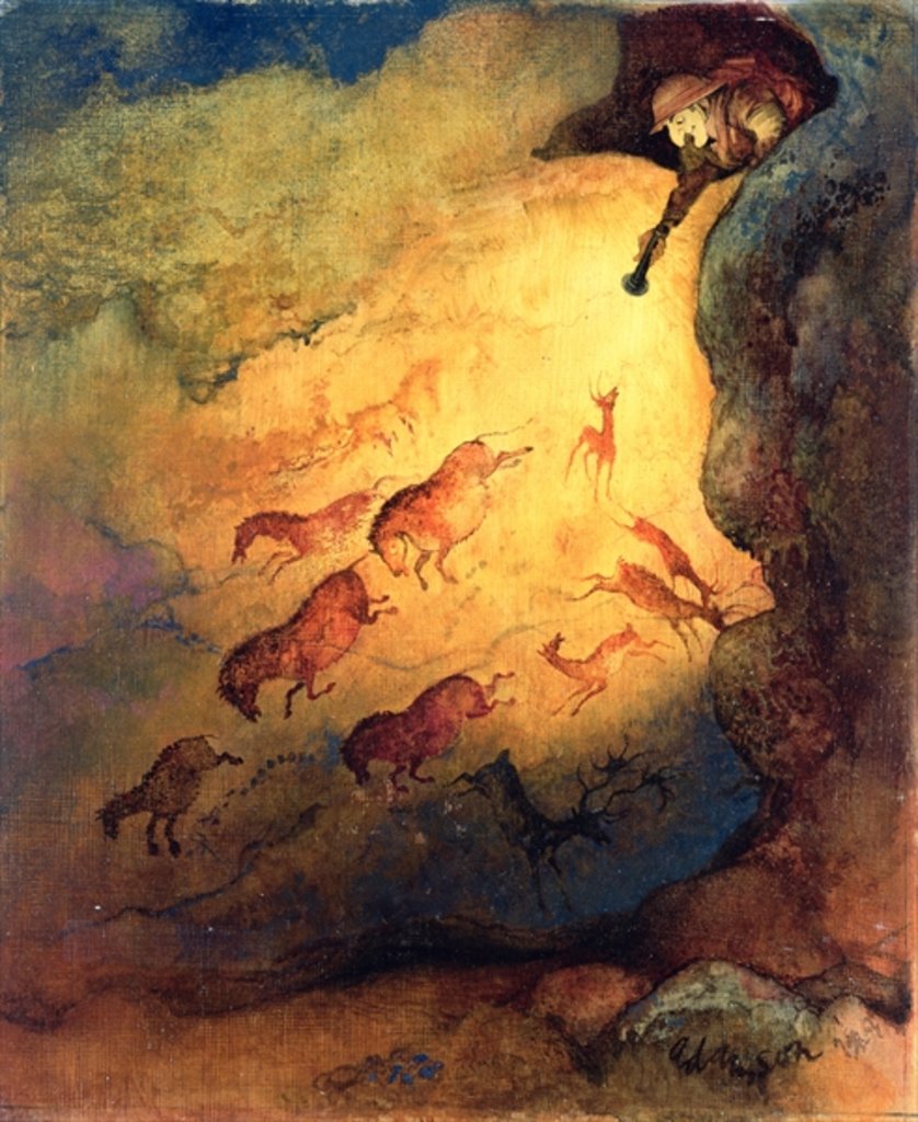 Detail of Mr Punch as a cave explorer giving the animals in Lascaux a fright, unpublished commission by 'Punch', 1968 by George Adamson
