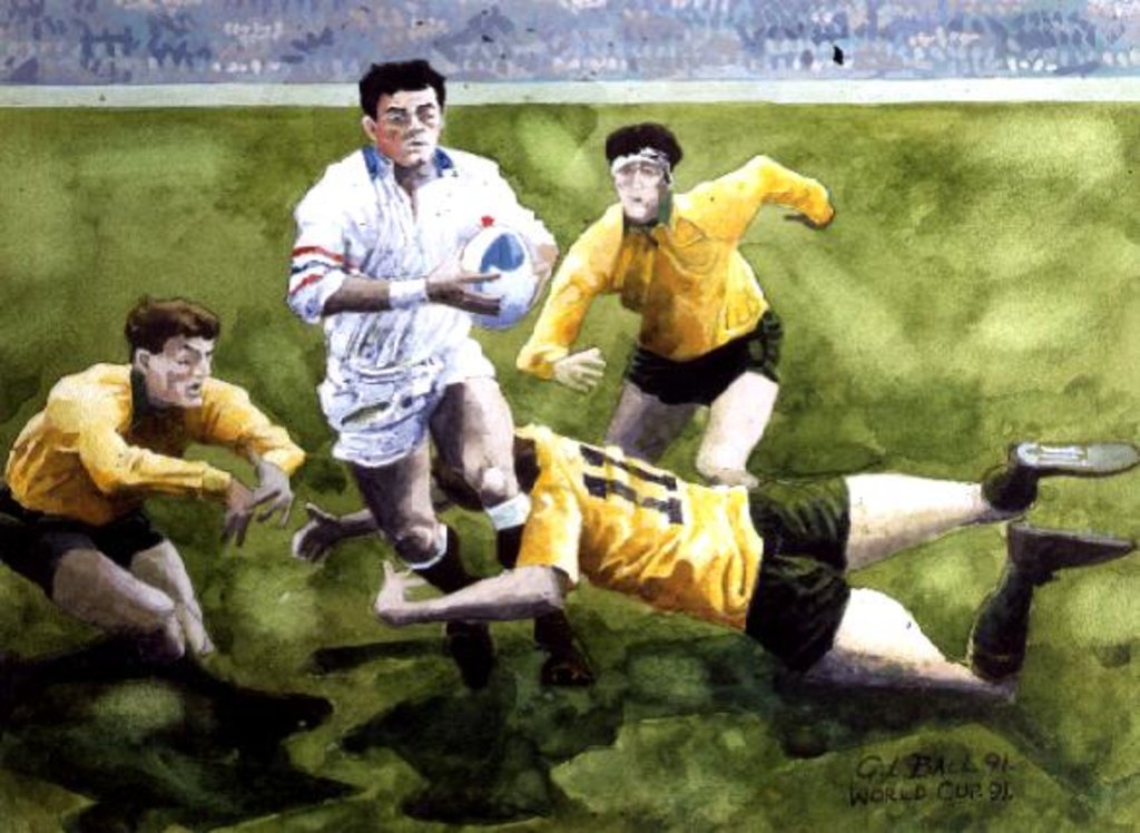Detail of Rugby Match: England v Australia in the World Cup Final, 1991, Will Carling being tackled by Gareth Lloyd Ball