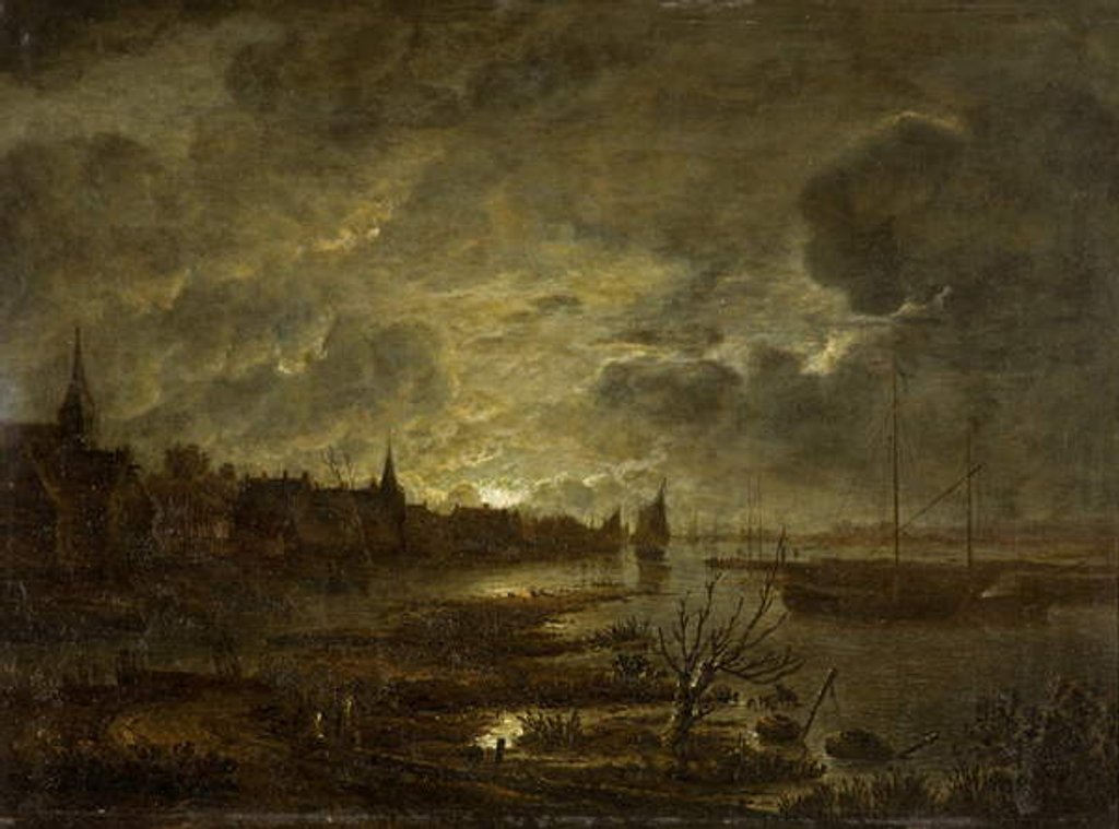 Detail of A Village on a River by Moonlight, c.1645-1700 by Aert van der Neer
