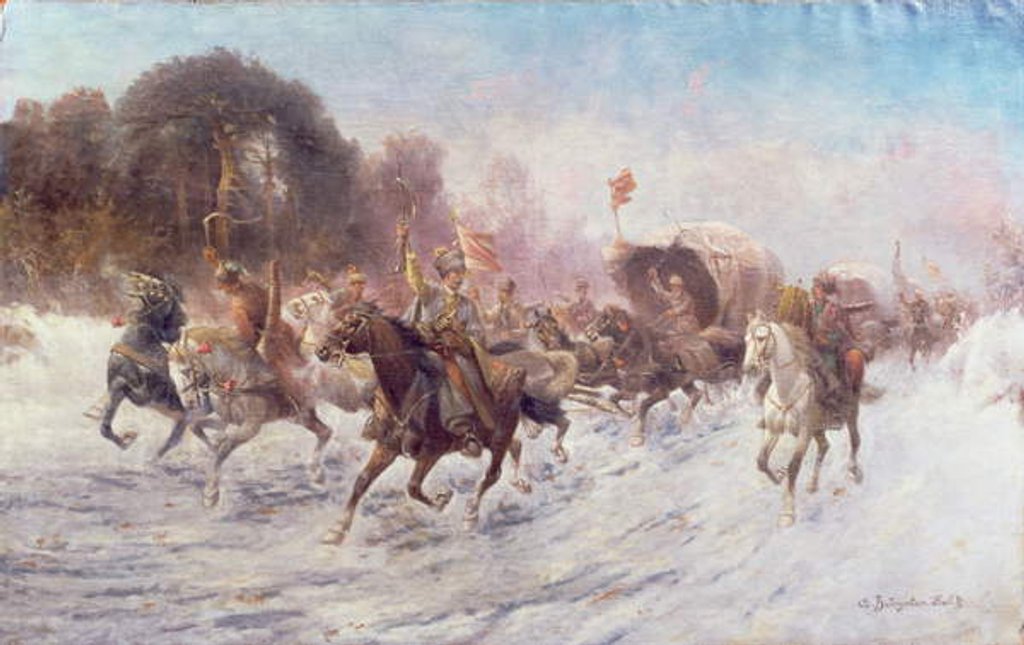 Detail of Cossacks in a winter landscape by Anton Baumgartner-Stoiloff