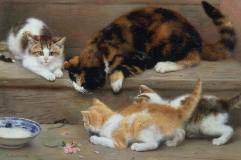 Detail of Cat and kittens chasing a mouse by Rosa Jameson