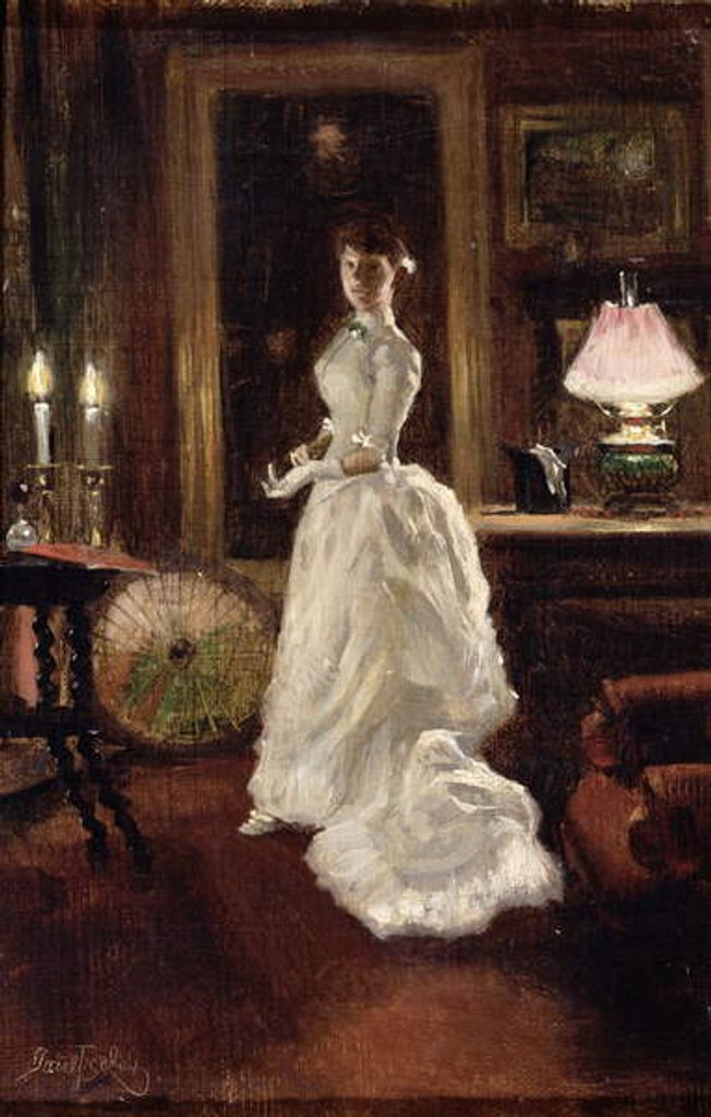 Detail of Interior scene with a lady in a white evening dress by Paul Fischer