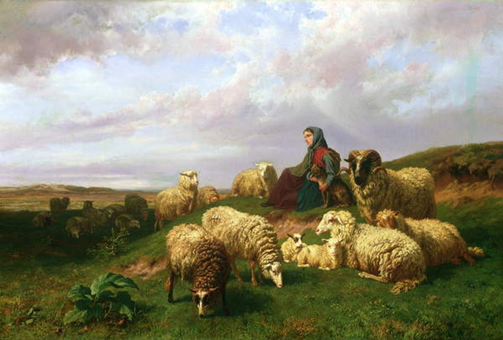Detail of Shepherdess resting with her flock, 1867 by Edmond Jean-Baptiste Tschaggeny