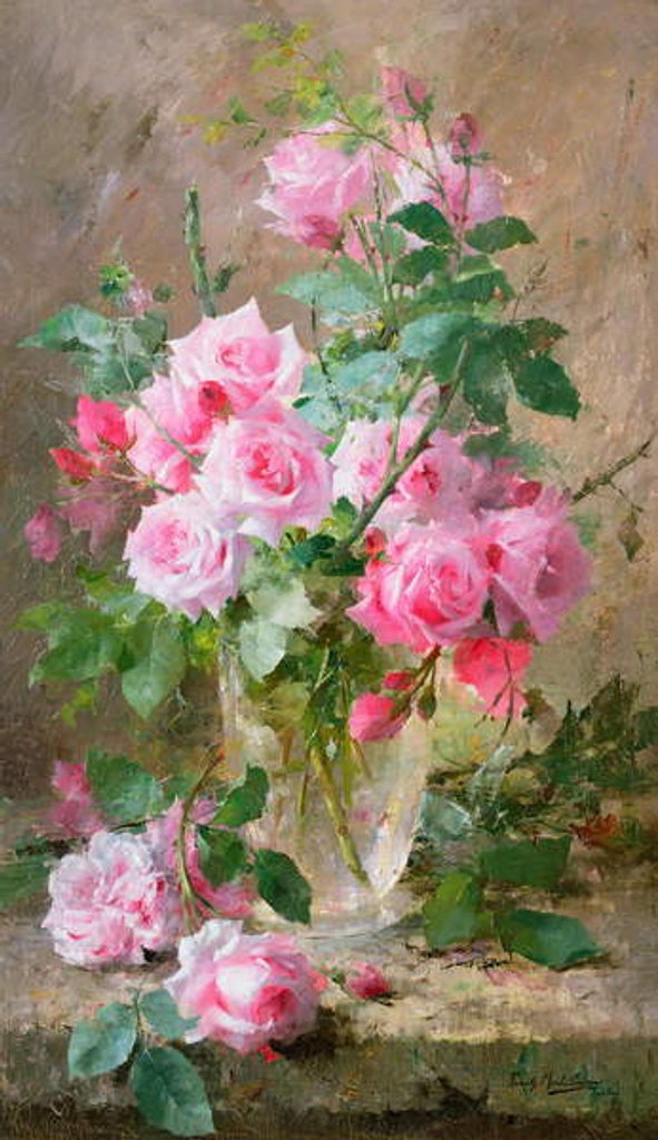 Detail of Still life of roses in a glass vase by Frans Mortelmans