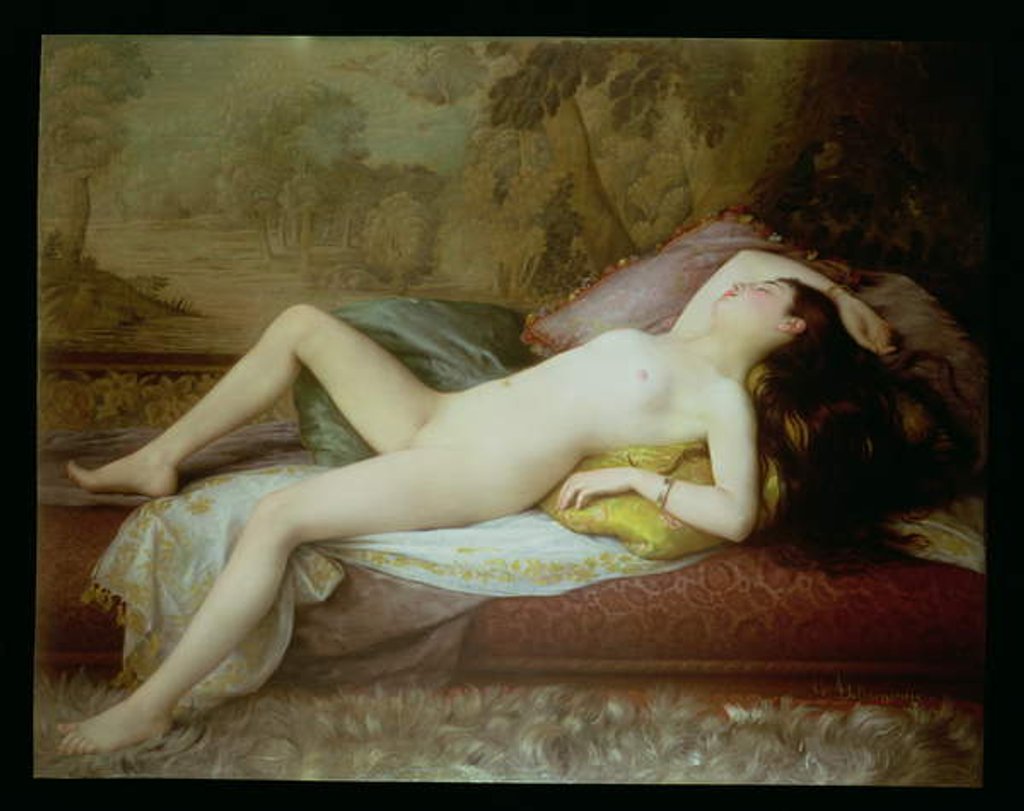 Detail of Nude lying on a chaise longue by Gustave-Henri-Eugene Delhumeau
