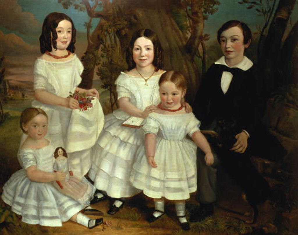 Detail of Portrait of a boy and his four sisters, c.1830 by John A. Giles