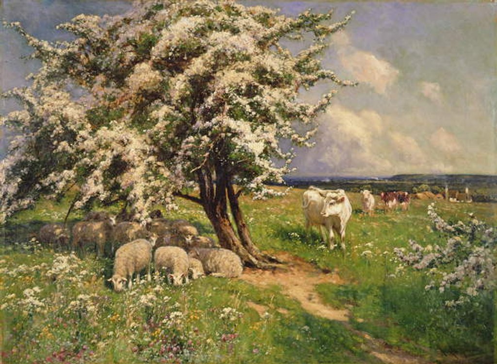 Detail of Sheep and cattle in a landscape by Arthur Walker Redgate
